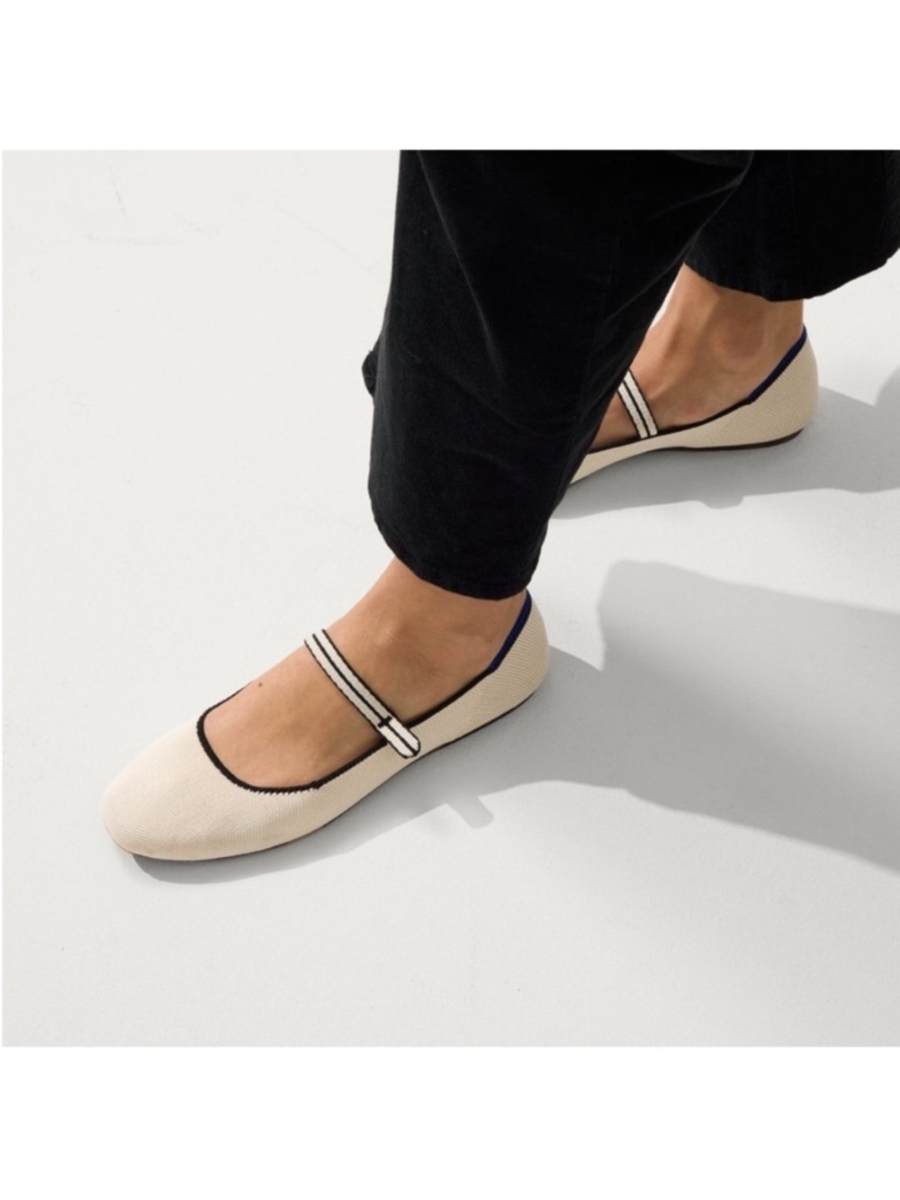 Rothys The Square Mary Jane Knit Flats Cream with Black Trim